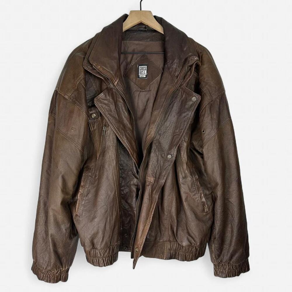 Vintage 80s/90s greg bell brown genuine leather bomber jacket size large